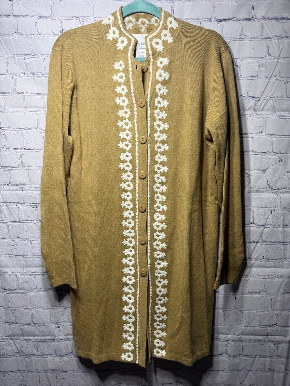 Susan Graver Womens VTG Long Length Cardigan Camel White Floral Embroidered L